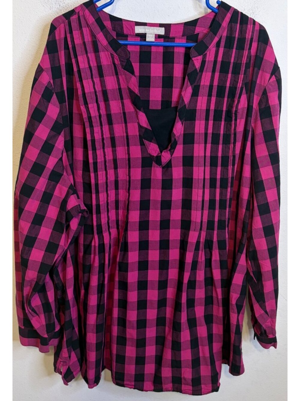 Woman Within Pintuck Shirt Plus Size 30/32 Pink/Black Plaid Peasant Top Blouse